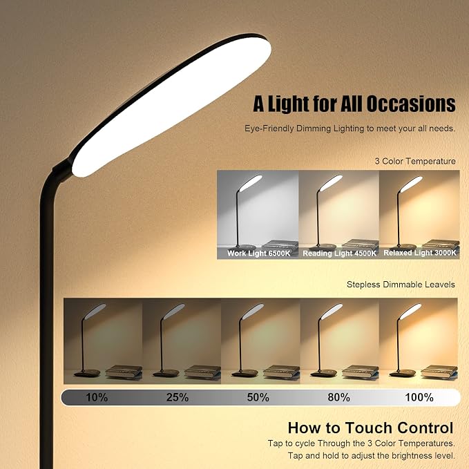 DEEPLITE LED Desk Lamp Battery Operated Lights Cordless Rechargeable Lamp, Flexible Gooseneck Portable Light for Bed Craft Nail Home Office, Eye-Caring Dimmable Small Desk Lamp Wireless Reading Lamp