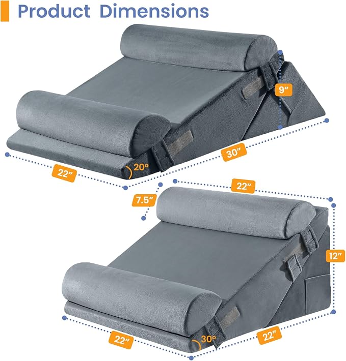 Sasttie Adjustable Wedge Pillow Set for After Surgery, Velvet - Dark Grey | 2PCS Bed Wedge Pillow Headboard with Memory Foam Neck Cushion, for Acid Reflux, Sleeping, Neck & Back Support