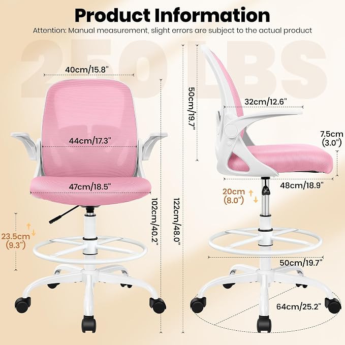 Primy Drafting Chair Tall Office Chair with Flip-up Armrests Executive Ergonomic Computer Standing Desk Chair with Lumbar Support and Adjustable Footrest Ring (Pink)