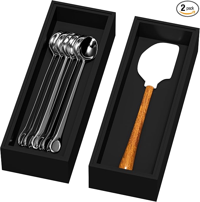 Lixple Bamboo Drawer Organizer for Kitchen Utensils, 2 Pack Stackable Cutlery Trays, Fits 1/2" Knives and Silverware, 10" x 3.5" x 2" (Outer), 9.3" x 2.8" x 1.3" (Inner), Black
