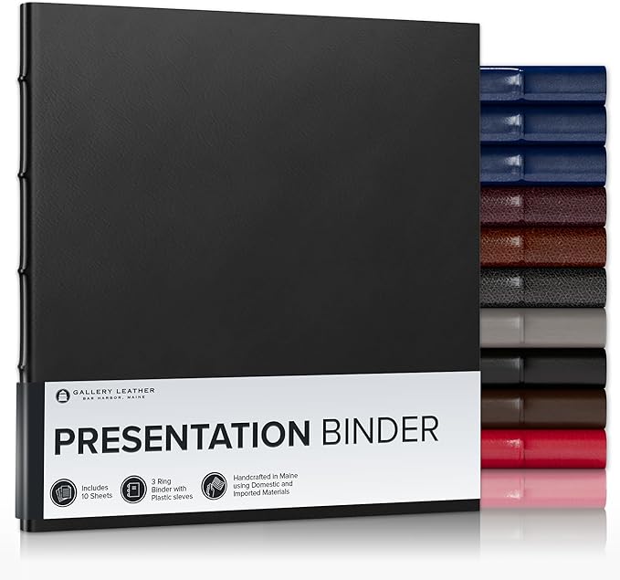 Gallery Leather 3 Ring Binder with Plastic Sleeves, Includes 10 Sheets, Sheet Size: 8.5" x 11" - Presentation Binder Rings with Hubbed Spine, Thick: 0.75" Freeport Black