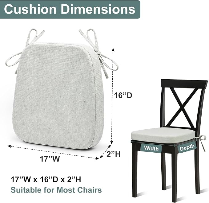 Shinnwa Dining Chairs Cushions Set of 6, Patented Design Memory Foam Kitchen Chair Pads with Ties and Washable Cover, 6 Pack, 17" x 16" x 2", Off White