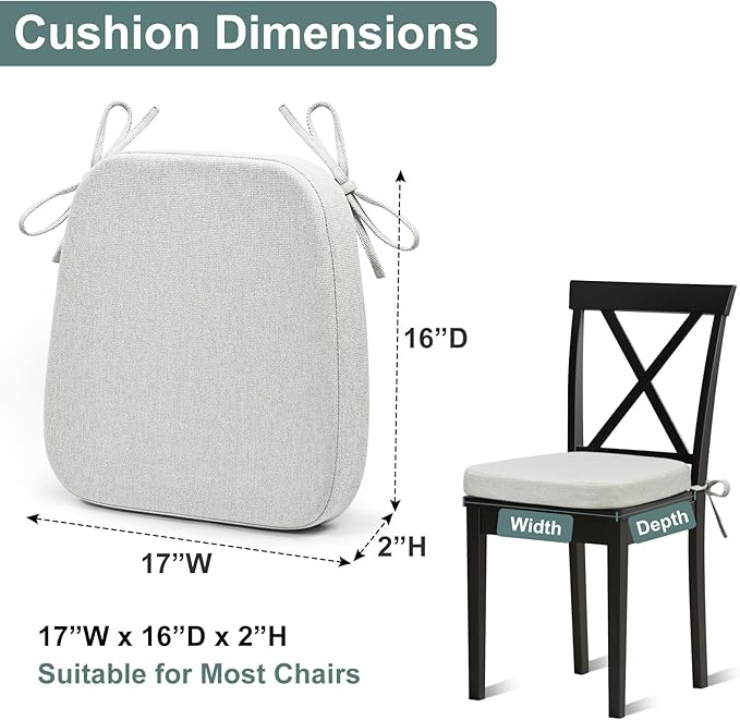 Shinnwa Dining Chair Cushions, Patented Design Molded Memory Foam Kitchen Chair Pad with Ties and Washable Cover, 17" x 16" x 2", Off White