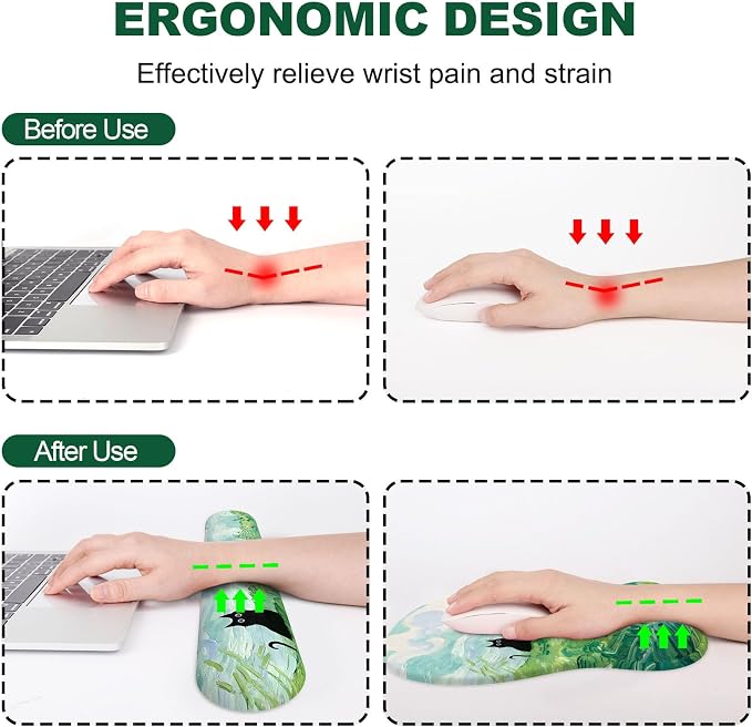 Ergonomic Mouse Pad with Wrist Rest and Keyboard Wrist Rest, Gel Mousepad and Wrist Rest for Computer Keyboard, Pain Relief, Non-Slip PU Base, Mouse Pad with Wrist Support for Gaming, Office, Cat