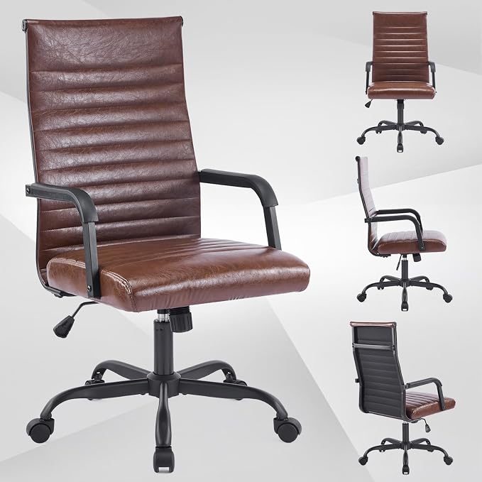 Office Chair, Ergonomic Executive Conference Room Chairs, Ribbed Leather Desk Chair with Lumbar Support, Adjustable Height Mid-Back Swivel Chair with Padded Seat