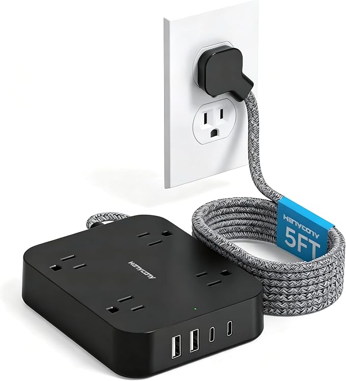 HANYCONY 5 Ft Braided Extension Cord with Ultra-Thin Flat Plug, 4 Widely Spaced Outlets & 4 USB Ports (2 USB C), Non-Surge Protector Power Strip for Cruise Ship, Travel Essentials, Home Office, Black