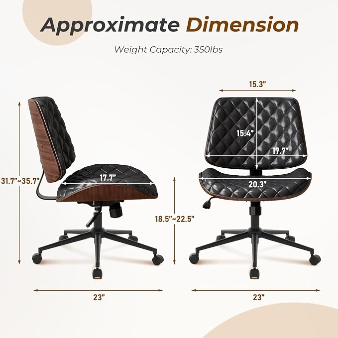 Furnimart Wooden Armless Desk Chair with Wheels, 360° Swivel Faux Leather Vanity Chair for Bedroom, Small Office Computer Task Chair for Home & Compact Spaces (PU Black)