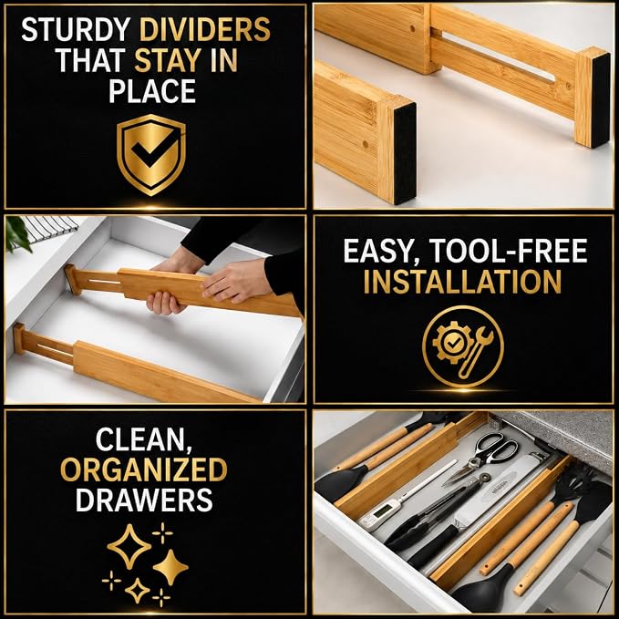 Adjustable Bamboo Drawer Dividers Expandable 8 Pack 17-22 Organizer | Kitchen, Dresser, Closet, Bathroom, Bedroom & Office Storage, Solid Moso Bamboo, Spring-Loaded, 80 Labels