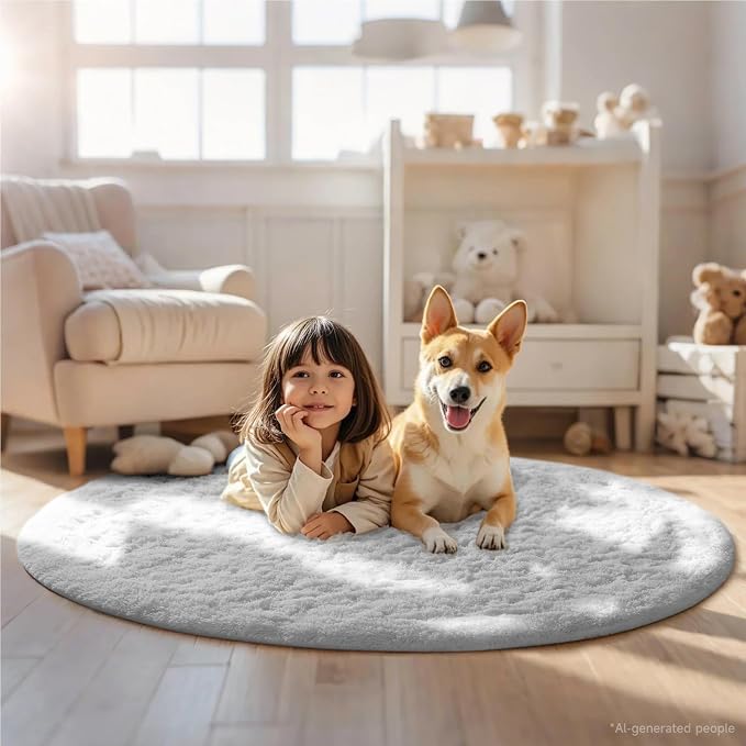 Ophanie Round Rug 5Ft White Circle Area Rug, Aesthetic Room Decor, Fluffy Fuzzy Bedroom Carpet, Plush Soft Shaggy Living Room Rugs for Kids Home Decor, Nursery Over 99 pcs Pile fibers,Pack of 99