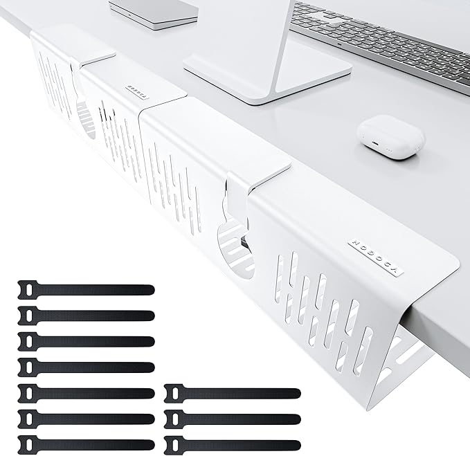 NODOCA No Drill Under Desk Cable Management Tray, 14'' Wire Management, Punch-Free Clamp on, Metal Cable Tray, Wire Organizer Under Desk, Under Desk Basket for Office and Home, White(2 Packs)