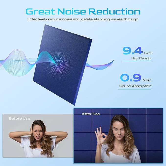 22 Pack Self-Adhesive Acoustic Panels, 12" X 12" X 0.4" High-Density Sound Proof Foam Panels for Walls, Soundproof Wall Panels for Home & Office (Blue)