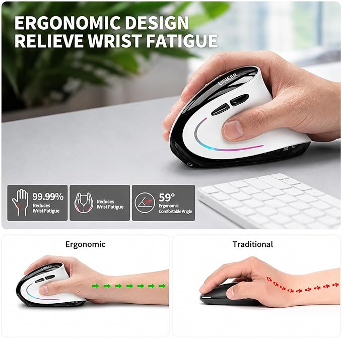Uineer Ergonomic Wireless Vertical Mouse, Tri-Mode Bluetooth 5.0/4.0 and 2.4G USB, Rechargeable Silent Computer Mouse for Laptop, MacBook, iPad and PC, 4 DPI Levels, LED Light, 3-Device Switching
