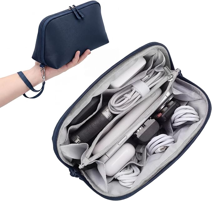 FYY Travel Cable Organizer - 8 Compartments Lightweight Water Resistant Tech Pouch with Wrist Strap, Portable Electronic Accessories Case for Cord Charger Storage for Travel Home Office Navy (Large)