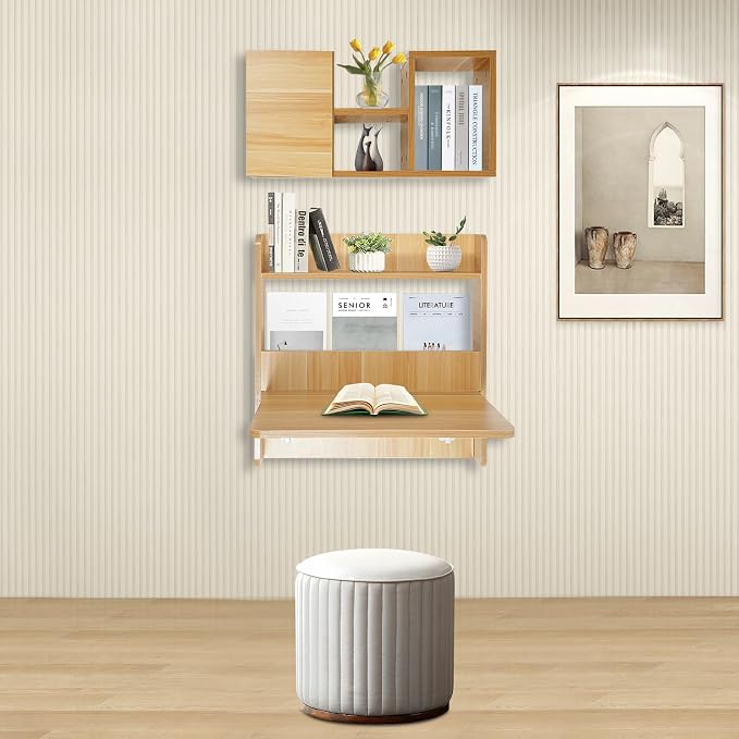 Floating Desk, 24" Wall Mounted Folding Desk with Bookshelf Folding Wall Desks Space Saving Workstation with Storage Shelves for Home Office Bedroom Study Room Small Space