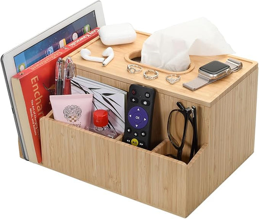 MobileVision Bamboo Tissue Box Holder & Tablet Stand Organizer for Bedroom & Desktop; compartments hold iPad Phones Remote Controls Reading Glasses Notepads & Pens