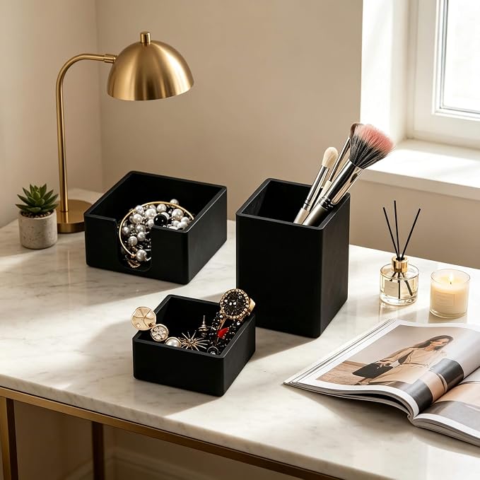 Silicone Pen Holder 3-Piece Set, Black | Food-grade silicone. 3-piece set: pen cup, clip box, note holder. Black or white. Scratch-free, non-slip, easy clean.