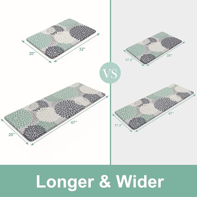 KIMODE Anti Fatigue Mats for Kitchen Floor Comfort Cushioned Rugs Sets of 2 | 20"x32"+20"x47",Teal,Floral Farmhouse, Waterproof,Ergonomic Standing Mat 2PCS,,Non Slip,Kitchen Sink Rug,Laundry Office
