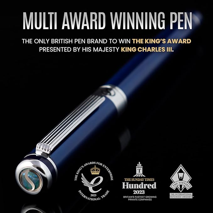 Scriveiner Midnight Blue Rollerball Pen - Stunning Blue Lacquer Luxury Pen, Chrome Finish bundle with Rollerball Refill Black Fine - 4 Rollerball Refills in one box