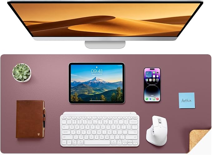 Aothia Dual-Sided Desk Mat, FSC Cork & PU Leather Desk Pad, Large Mouse Pad & Writing Surface for Multi-Device Workspace, Non-Slip Waterproof Desk Protector - 37.8" x 17", Pale Mauve