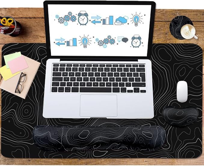 Topographic Mouse Pad Set, Extended Mouse Pad+Keyboard Wrist Rest, Memory Foam Ergonomic Easy Typing, 4Pcs (35.4×15.7 in) Desk Pad Set for Home Office Study Game-Topographic Contour