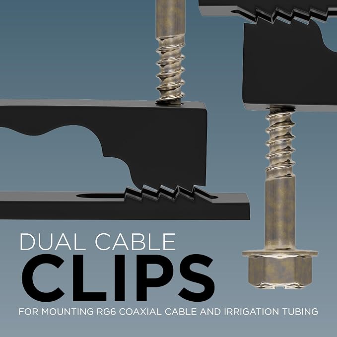 THE CIMPLE CO Dual Cable Clips with Screws - 1/2 Inch Coaxial Cable Clamps Outdoor - Exterior Cord Management for Coax, CAT Ethernet, Electrical Wire - Screw Clamps for Wires on Wall - 10 PCS, Black