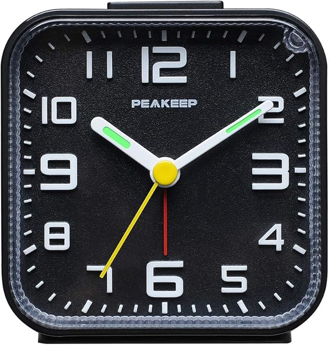 Peakeep 3D Numbers No Tick-Tock Analog Alarm Clock Classic Beep Sound | Snooze, Manual Light and Battery Powered Small for Travel (Black-3D)