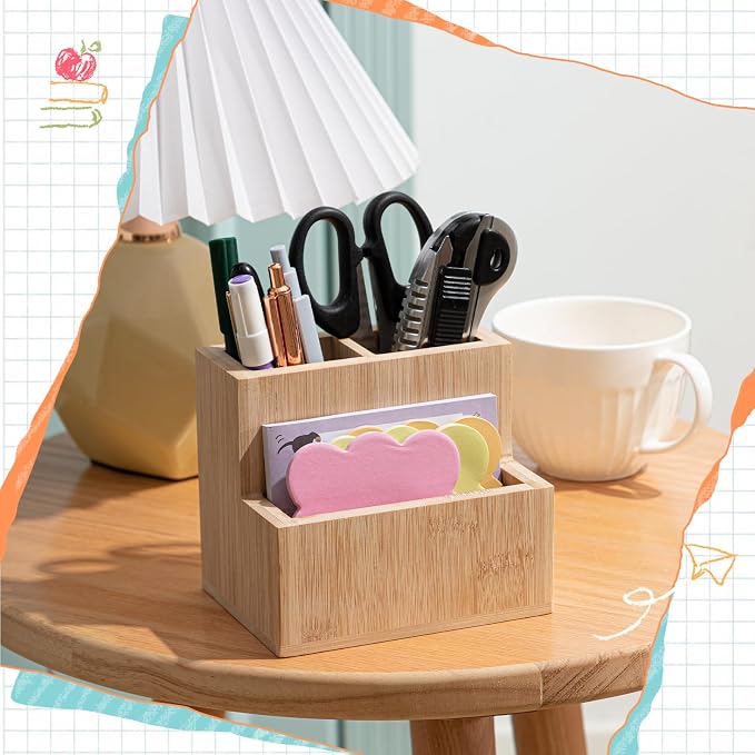 Maitys Bamboo Wood Pen Holder for Desk Wooden Pencil Remote Control Organizer with 3 Compartments Small Desk Accessories for Workspace Home Office Classroom Bathroom