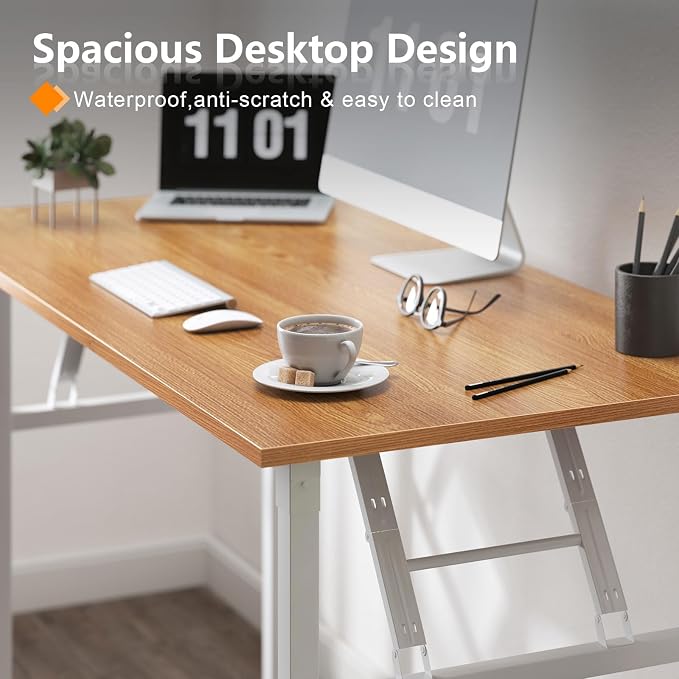 sogesfurniture Foldable Computer Desk 62 inches, Modern Large Folding Sturdy Laptop Workstation for Home Office, No Assembly Portable Study Table Writing Gaming Desk for Small Spaces, Teak White