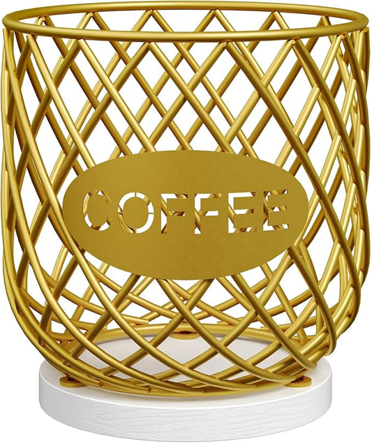 Coffee Pod Holder Organizer, Holder for K Cup, Large Capacity Coffee Pod Basket, Versatile Coffee Capsule Storage Organizer, for Kitchen Countertop, Gold and White KH09DW