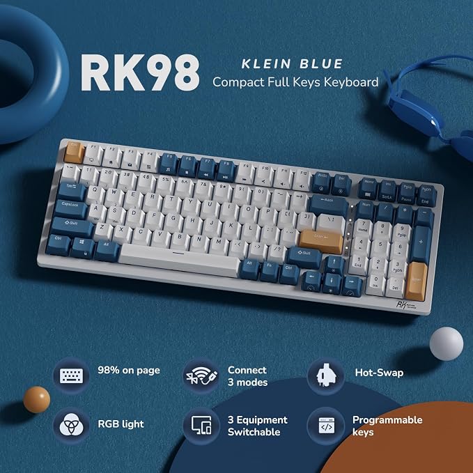 RK ROYAL KLUDGE RK98 Wireless Mechanical Keyboard, 100 Keys 98% Layout with Custom Switches Hot Swappable, Tri-Mode BT5.1/2.4G/USB-C Full Size Gaming Keyboard with Numpad RGB, Brown Switch