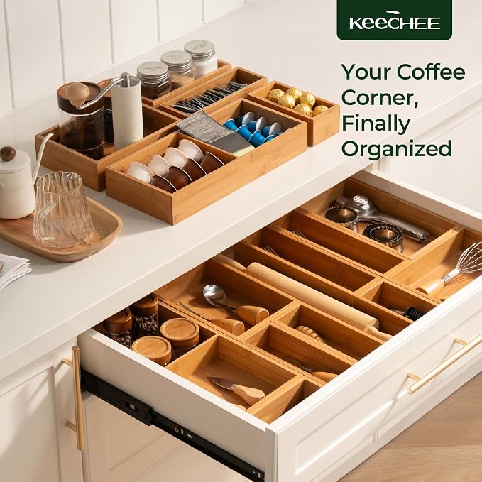 keechee 10-Piece Bamboo Drawer Organizer Set, 2.2" Deep Multi-Use Organizers for Utensils, Silverware, Cutlery, Desk, Bathroom, Junk Drawer & Makeup, Non-Slip Feet Included.