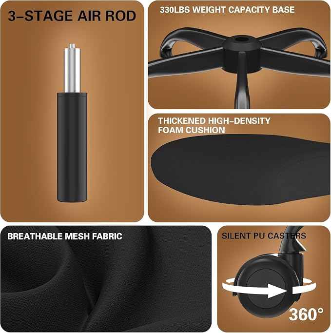 Ergonomic Office Chair for Long Hours, Adjustable Padded Lumbar Support for Lower Back Relief, 330 lb Capacity, Comfortable Computer Desk Chair for Home Office, Work & Study