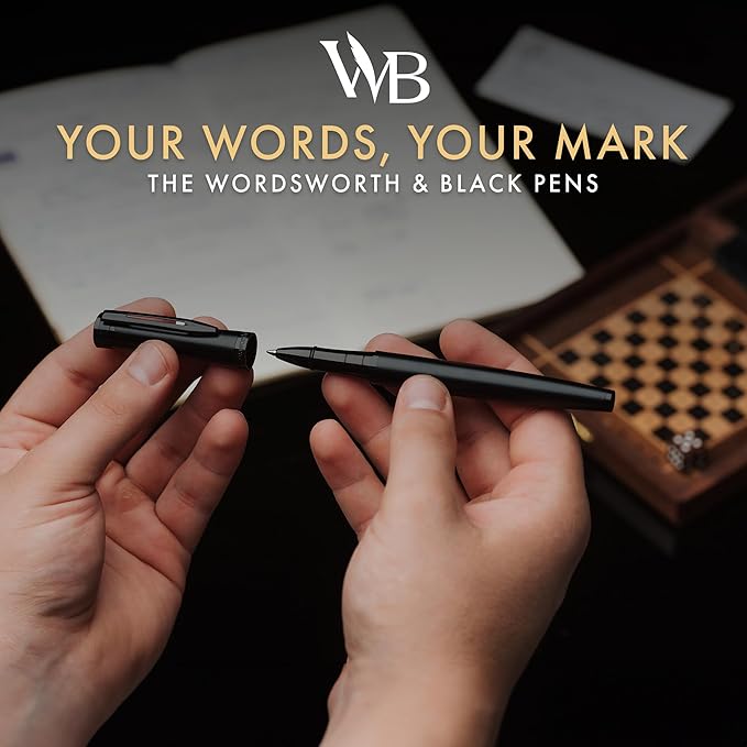 Wordsworth and Black Rollerball Pen - Luxury Pen - All Black Lacquer Finish, Ink Refill, Refillable Gift for Men & Women, Professional Writing, Nice and Fancy Pens and for Work