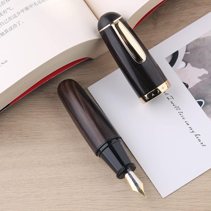 Majohn Q1 Fountain Pen Medium Nib Black Wood, Little Fat Man Eyedropper Filling Pocket Pen Large Capacity