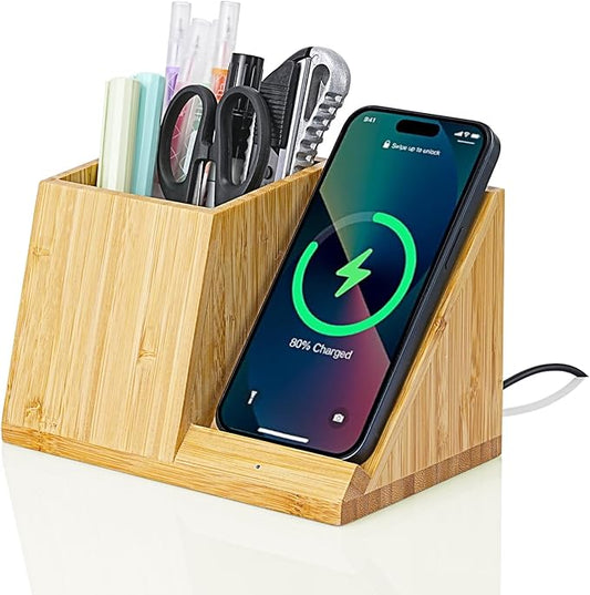 OhM-ega Bamboo Desk Organizer with Wireless Charing, Home Office Organizers for Desk, Wireless Charging Station with Pen Holder, 10W Fast Wireless Charging, Compatible with iPhone and Pixel