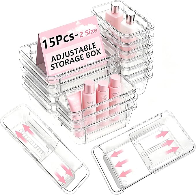 15 Pcs Adjustable Clear Drawer Organizer, 2 Size Plastic Extendable Desk Drawer Organizer Trays,Expandable Storage Bins for Bathroom Vanity Kitchen Organization and Storage,Makeup, Jewelry, Gadgets