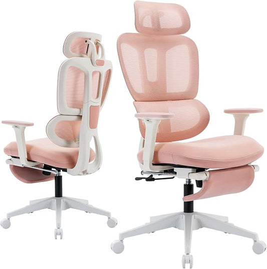 Ergonomic Office Chair with Retractable Footrest, Pink | High Back Design, Dynamic Lumbar Support, 2D Headrest & 2D Armrests, Breathable Mesh Back for Home Office