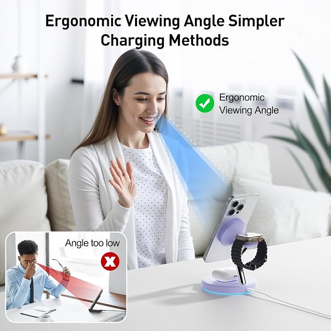 【Adjustable Blue Ambient Light】 Wireless Charger 3 in 1 for iPhone, Magnetic Charging Station for Apple Family,15W Fast MagSafe Charger Stand,for iPhone17-12-iWatch AirPods Series