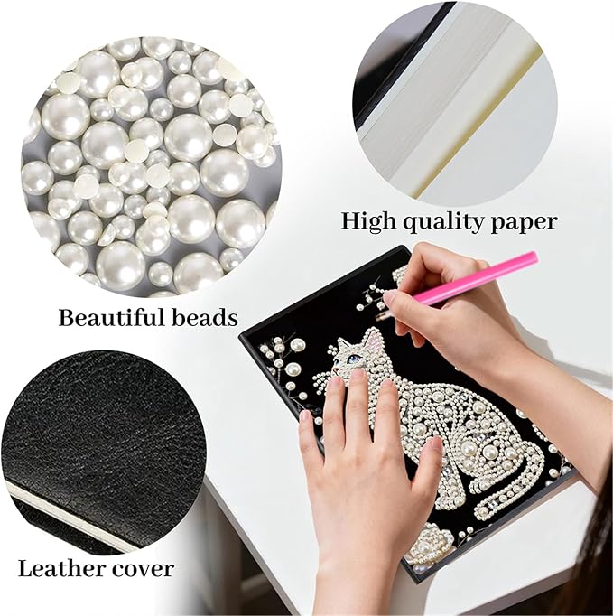 FRANDEK Pearl Painting Notebook Kit, Black and White Cat A5 DIY Journal with 50 Blank Pages, Diamond Gem Art Cover with Waterproof Canvas, Beginner Craft Set with Full Tools for Adults
