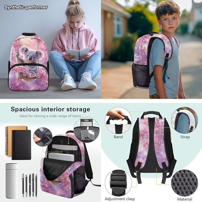 Cute Koala Backpack for Elementary School Girls, Cherry Blossoms 17 Inch School Bag with Insulated Lunch Bag,Cute Bookbag 4 PCS Set for Kids Ages 6-8 Back to School