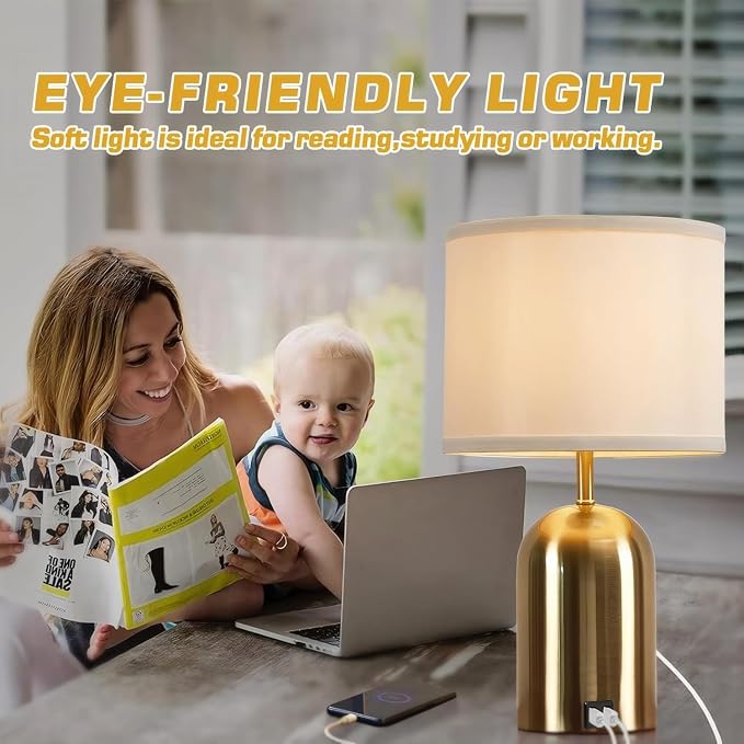 GyroVu Bedside Lamp with USB Port, Touch Control Table Lamp for Bedroom, Dimmable Modern Nightstand Lamp with Fabric Shade Gold Base for Living Room, Dorm, Home Office, LED Bulb Included
