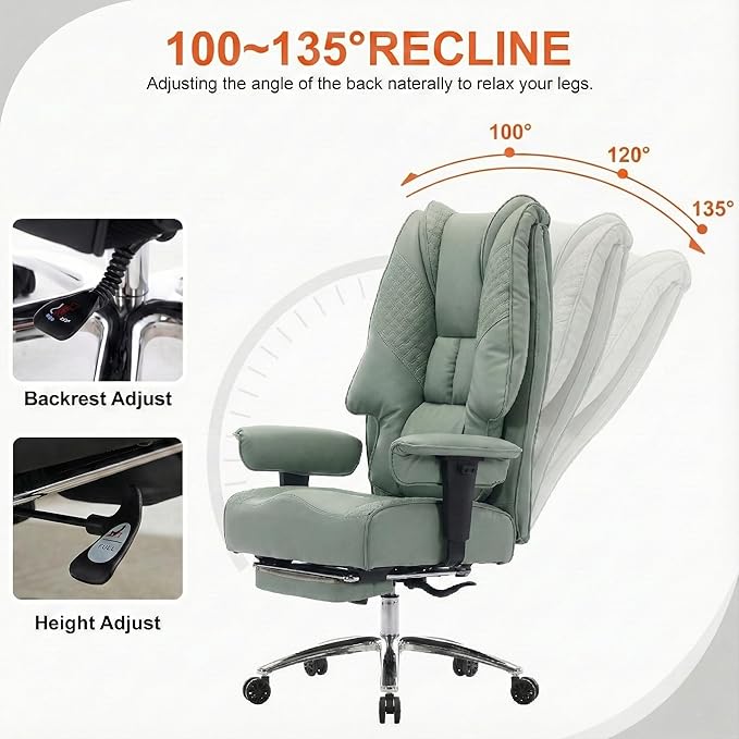 Big and Tall Office Chair 400lbs Wide Seat, Leather High Back Executive Office Chair with Foot Rest, Ergonomic Chairs Lumbar Support for Lower Back Pain Relief (Light Green)