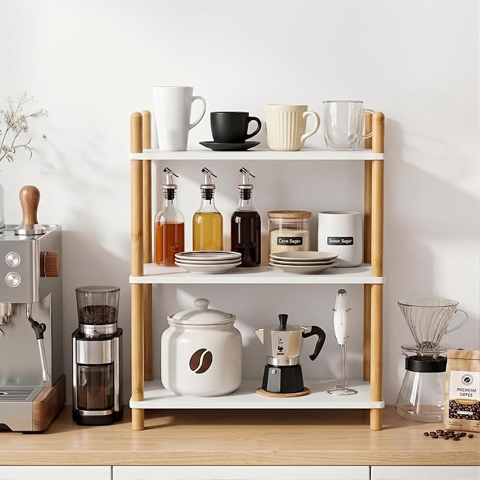 3-Tier Bamboo Coffee Bar Organizer,Coffee Bar Accessories, Mul-tifunctional Wooden Beaded Coffee Station Countertop Stand Shelf for Kitchen Home Office,Counter Riser Display Shelf for Top of Desk Home
