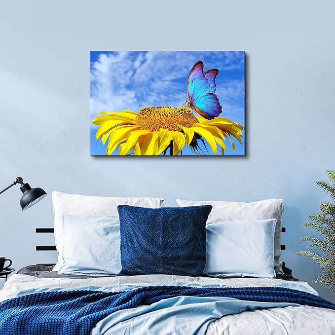 Sunflower Wall Art Bathroom Decor Blue Butterfly Canvas Pictures for Bedroom Sunflower Wall Decor Floral Posters Living Room Kitchen Home Decoration Yellow Sunshine Flower Painting Modern Artwork 24x36"