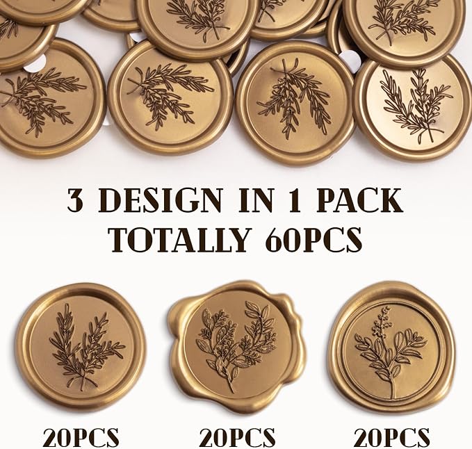 60 Pcs Wax Seal Stickers Set (3 Designs in 1 Pack) - Adhesive Backed Elegant Floral Designs for Wedding Invitation Envelope Seal Stickers Gift Wrapping (Vintage Bronze)