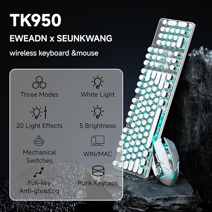 EWEADN TK950 Typewriter Mechanical Keyboard and Mouse, 104 Keys Aesthetic Typewriter Keyboard Mouse Combo with Blue Backlit, Anti-Ghosting, Blue Switch Bluetooth/2.4GHz/Wired Cute Keyboards-White