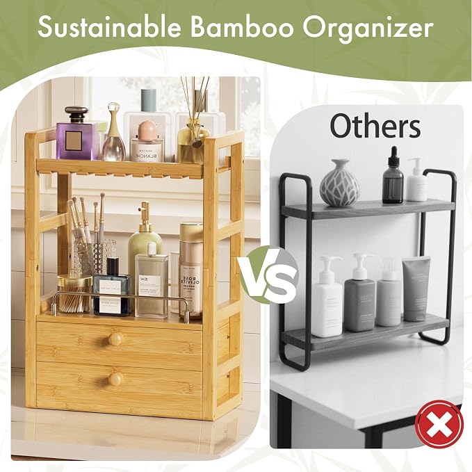 AmazerBath Bamboo Bathroom Counter Organizer, 2-Tier Makeup Organizer with 2 Drawers, Vanity Organizer Storage Coffee Matcha Station, Compact Shelf for Bathroom Kitchen Office Countertop