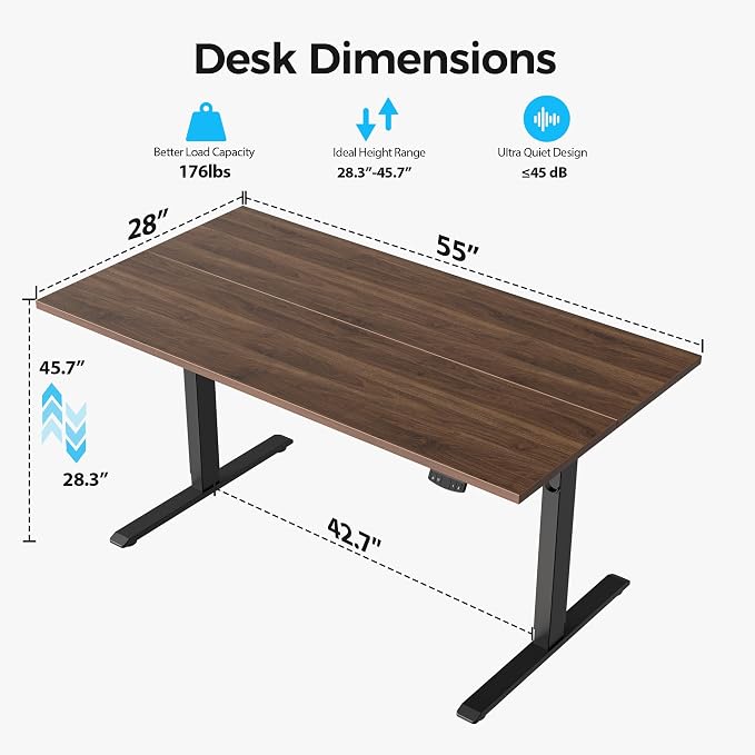 Agilestic Electric Standing Desk, 55 x 28 Inches Height Adjustable Desk, Sit Stand up for Work Office Home, Ergonomic Rising Computer Table with Memory Preset, Dark Walnut
