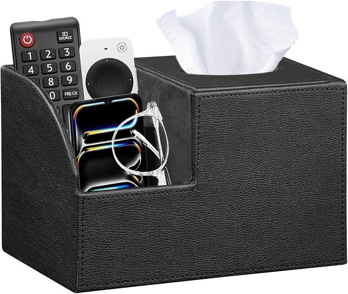 PU Leather Square Tissue Box Cover - Multi-Functional Tissue Box Holder | Tissue Box Cover with Storage,Tissue and Remote Control Holder,Cube Tissue Box Organizer Bedroom Nightstand End Table