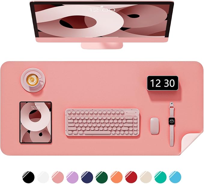 Desk Pad, 30" x 14" PU Leather Non-Slip Desk Mat Large Mouse Pad for Desktop, Waterproof Laptop Computer Writing Mat for Office, Home, Work, Gaming, Flower Pink